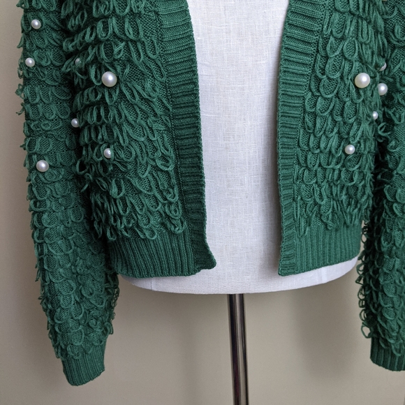 Emerald green textured chunky sweater cardigan - Picture 3 of 8